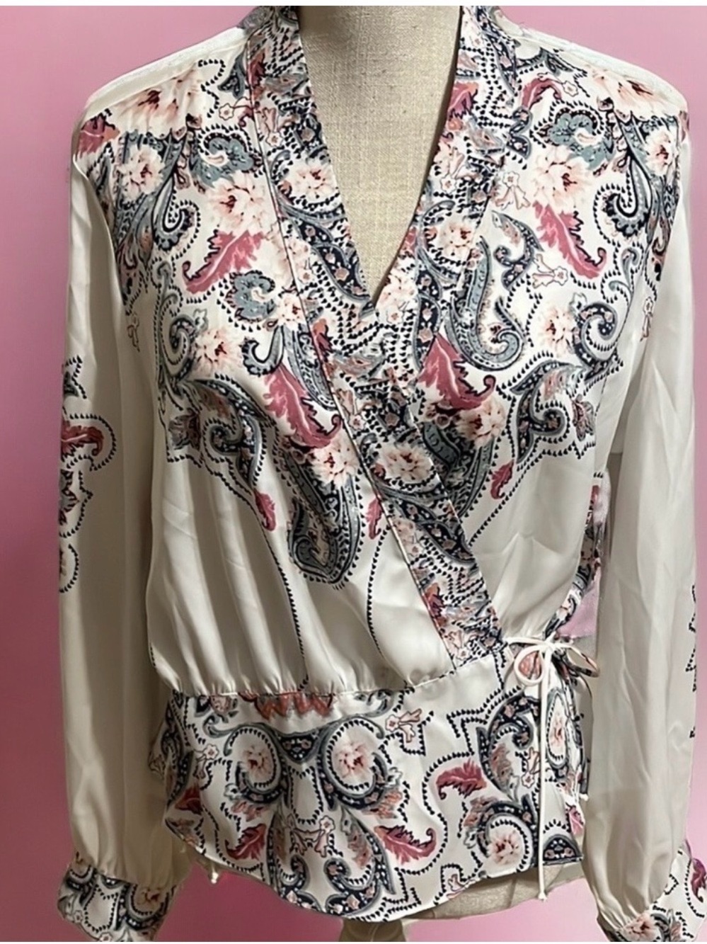 INC International Concepts Cream Paisley Wrap Blouse with Pink & Blue Accents